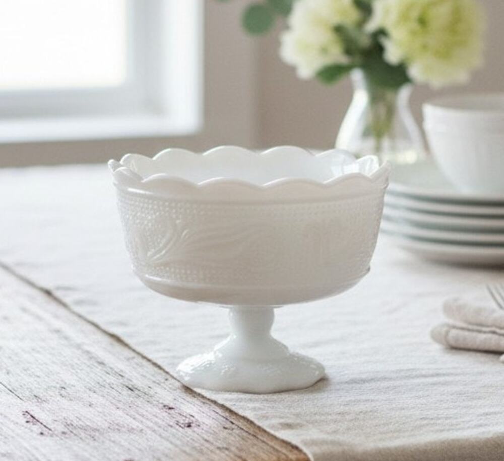 Vintage E.O. Brody Milk Glass Footed Bowl White Scalloped Edge Pedestal USA 6.6"